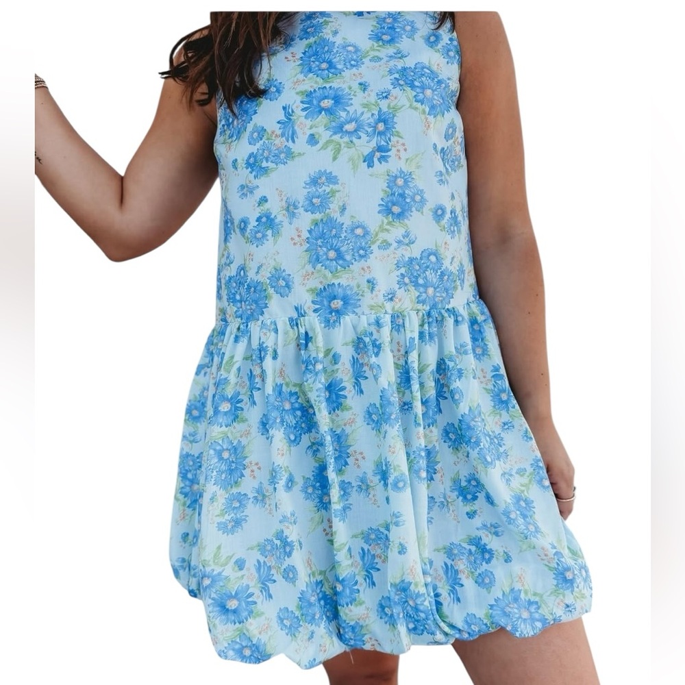 NWOT Indikah Australian Blue Floral Print Sleeveless Bubble Mini Dress